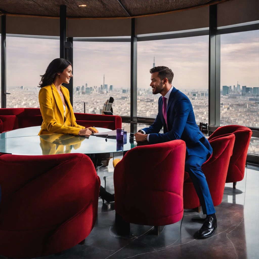 Séance de débriefing Profil Alpha entre un coach et un dirigeant dans un bureau avec vue panoramique