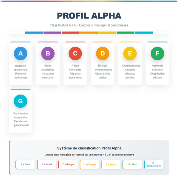 test leadership profil alpha classification abcdefg 7 couleurs diagnostic managérial bleu violet rouge orange jaune vert turquoise
